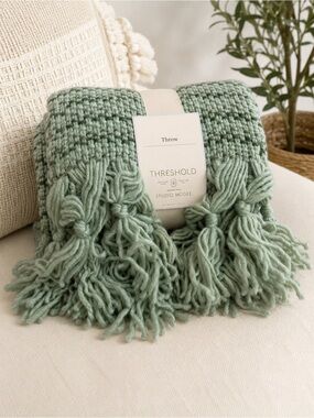 Studio McGee Mint Sage Knit Throw with Fringe